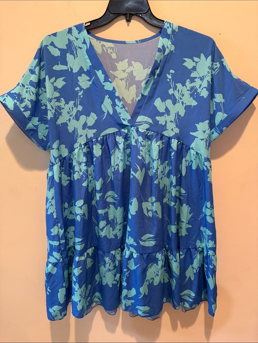 Blue Floral V-Neck Short Sleeve Women's Dress